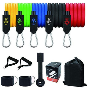 Resistance Bands Set Include 5 Stackable Exercise Bands With Carry Bag, Door Anchor Attachment And Legs Ankle Straps 26.6cm