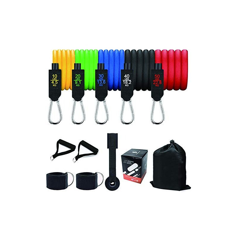 Resistance Bands Set Include 5 Stackable Exercise Bands With Carry Bag, Door Anchor Attachment And Legs Ankle Straps 26.6cm