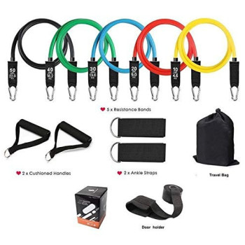 Resistance Bands Set Include 5 Stackable Exercise Bands With Carry Bag, Door Anchor Attachment And Legs Ankle Straps 26.6cm