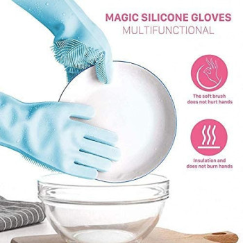 Magic Silicone Gloves With Wash Scrubber, Blue Colour