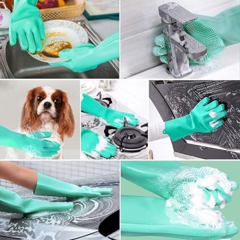 Magic Silicone Gloves With Wash Scrubber, Blue Colour