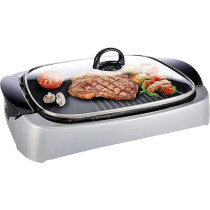 Kenwood Grill 2000W Contact Health Grill Large Family Sized Griddle With Glass Lid, Variable Temperature Control, Cool Touch Handles, HG266, Silver / Black Colour