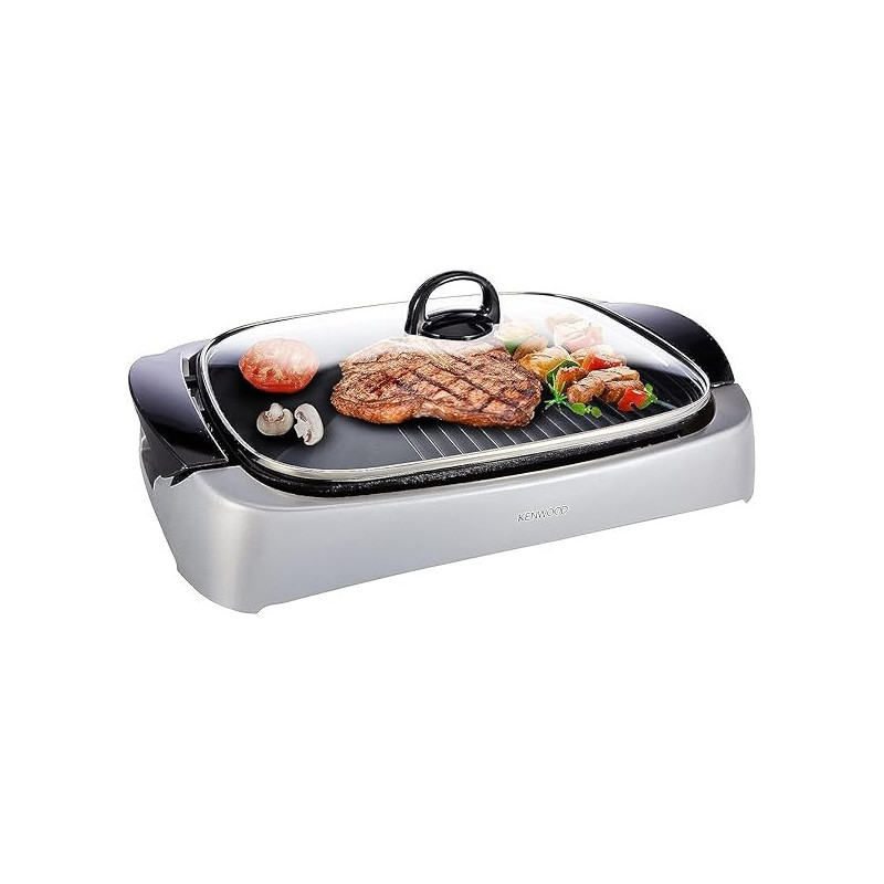 Kenwood Grill 2000W Contact Health Grill Large Family Sized Griddle With Glass Lid, Variable Temperature Control, Cool Touch Handles, HG266, Silver / Black Colour