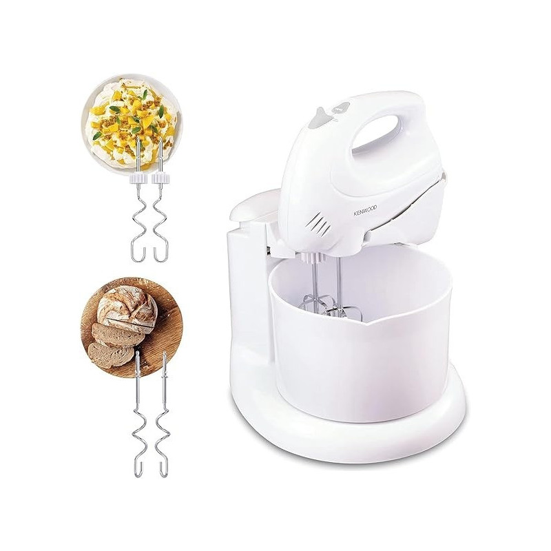 Kenwood Stand Mixer Hand Mixer Electric Whisk 250W With 2.7L Rotary Bowl, 6 Speeds, Turbo Button, Twin Stainless Steel Kneader And Beater HM430, White Colour