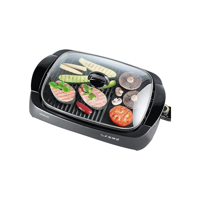 Kenwood Grill 1700W Contact Health Large Family Sized Griddle With Glass Lid, Variable Temperature Control, Cool Touch Handles, HG230, Black Colour