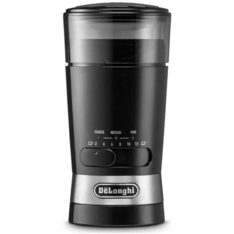 DeLonghi Electric Coffee And Spices Grinder Mill With Stainless Steel Blade, And 3 Grinding Level Settings, 12 Cups Capacity, KG210, Black Colour