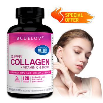 Bcuelov Super Collagen With Vitamin C And Biotin - For Reducing Wrinkles, Enhancing Skin Brightening, Healthy Hair And Nails - 60 Capsules