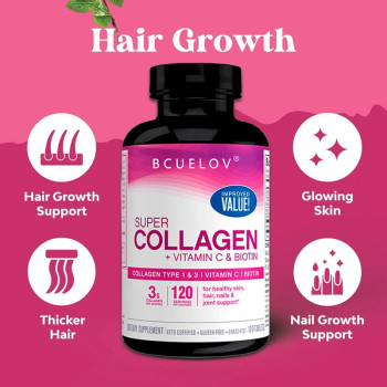 Bcuelov Super Collagen With Vitamin C And Biotin - For Reducing Wrinkles, Enhancing Skin Brightening, Healthy Hair And Nails - 60 Capsules