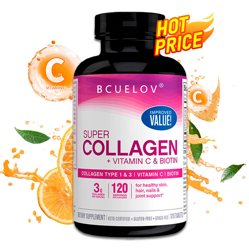 Bcuelov Super Collagen With Vitamin C And Biotin - For Reducing Wrinkles, Enhancing Skin Brightening, Healthy Hair And Nails - 60 Capsules