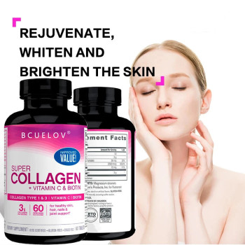 Bcuelov Super Collagen With Vitamin C And Biotin - For Reducing Wrinkles, Enhancing Skin Brightening, Healthy Hair And Nails - 60 Capsules