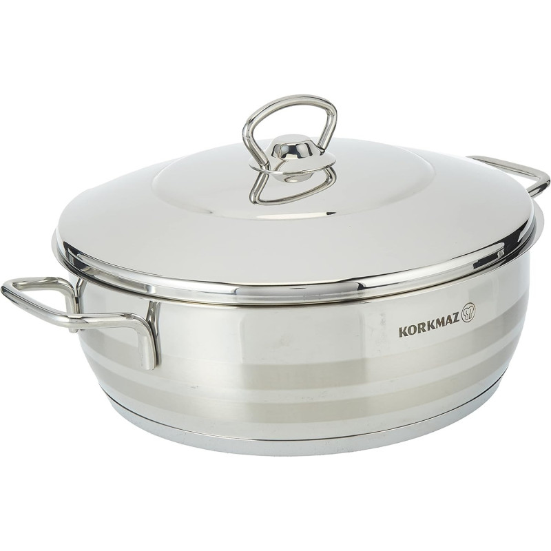 Korkmaz Astra Stainless Steel Low Casserole, Silver, 24X8 CM