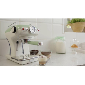 Ariete Vintage Espresso Coffee Machine With Manometer And Milk Frother, Auto Shut-Off Ground Coffee And Ese Pod Compatible, 850W, 15 Bar, Green