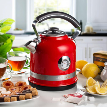 Ariete Moderna Electric Kettle Stainless Steel 1.7L 2000W, With Thermometer Auto Shut-Off Water Level Indicator, Removable Filter Cordless Base For Boiling Water Tea And Infusions, Red