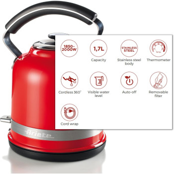 Ariete Moderna Electric Kettle Stainless Steel 1.7L 2000W, With Thermometer Auto Shut-Off Water Level Indicator, Removable Filter Cordless Base For Boiling Water Tea And Infusions, Red