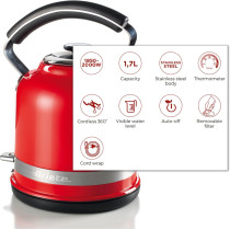 Ariete Moderna Electric Kettle Stainless Steel 1.7L 2000W, With Thermometer Auto Shut-Off Water Level Indicator, Removable Filter Cordless Base For Boiling Water Tea And Infusions, Red