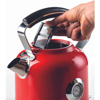 Ariete Moderna Electric Kettle Stainless Steel 1.7L 2000W, With Thermometer Auto Shut-Off Water Level Indicator, Removable Filter Cordless Base For Boiling Water Tea And Infusions, Red