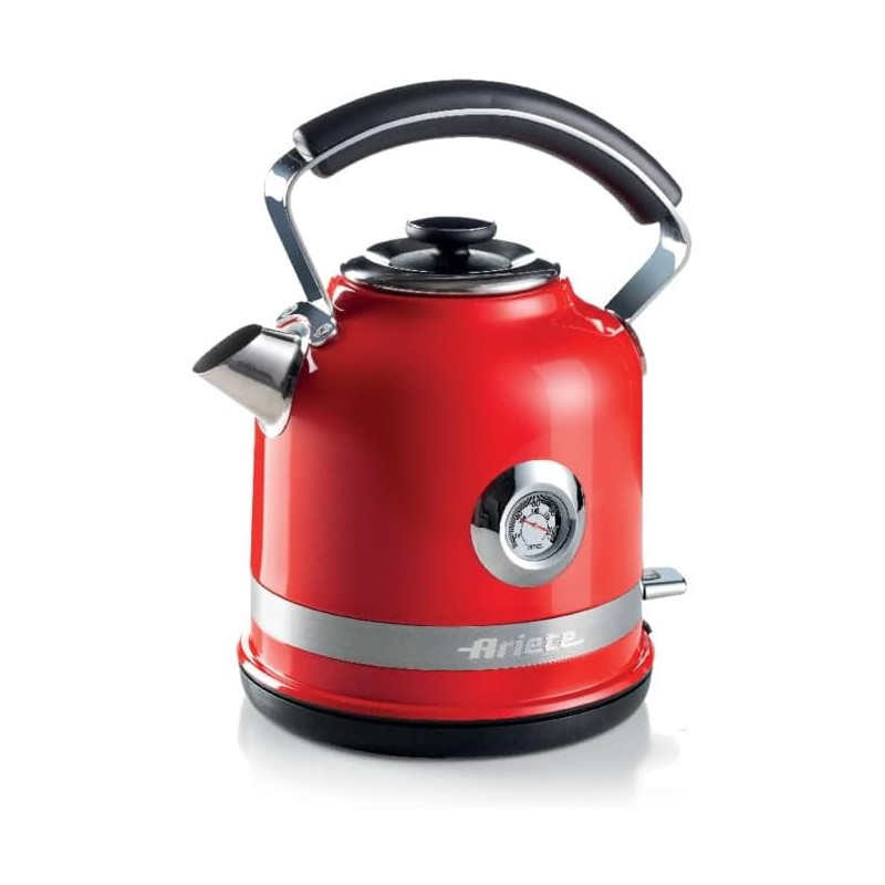 Ariete Moderna Electric Kettle Stainless Steel 1.7L 2000W, With Thermometer Auto Shut-Off Water Level Indicator, Removable Filter Cordless Base For Boiling Water Tea And Infusions, Red