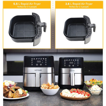 Nutricook Rapid Air Fryer, 1700 Watts, Digital Control Panel Display, 8 Preset Programs With Built-In Preheat Function, 5.5 Liters, Brush Stainless, Steel/Black