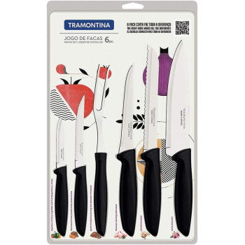 Tramontina 6 Pcs Knife Set Stainless Steel Sharp Professional Kitchen Chef Cooking Knives Set With Black Handles