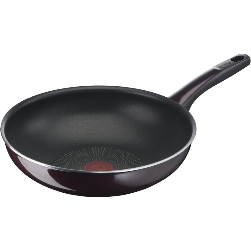 Tefal Wok Pan Resist Intense 28 CM Non-Stick Wok Frying Pan With Thermo Spot Flame Protect Resistant Ideal Shape Easy Cleaning Safe Bordeaux Burgundy