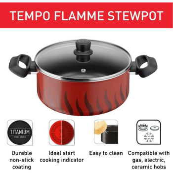 Tefal G6 Tempo Flame 26 Sautepan With Ss Lid, Non-Stick, Red, Aluminium