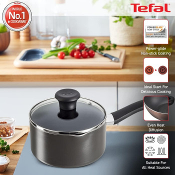 Tefal G6 Delicia 16 CM Saucepan With Glass Lid, Non-Stick, Black, Aluminium