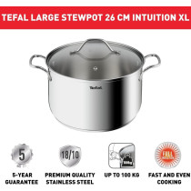 Tefal Cooking Pot With Glass Lid Intuition Xl Large Stainless Steel 26 CM/6.5 L Casserole Induction Premium 18/10 Stainless Steel Sturdy Handlesglass Lid