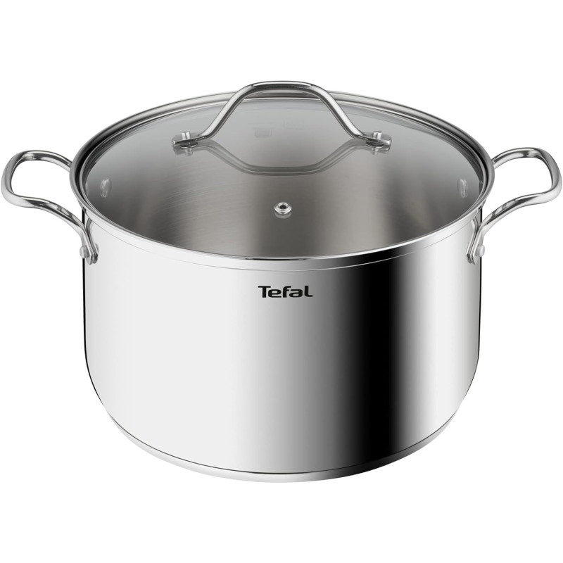 Tefal Cooking Pot With Glass Lid Intuition Xl Large Stainless Steel 26 CM/6.5 L Casserole Induction Premium 18/10 Stainless Steel Sturdy Handlesglass Lid