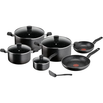 Tefal Cookware Set Dark Stone 11 Pc Cooking Set Non-Stick Stewpots 22/24/28 CM, Saucepan 16 CM, Frypans 20/28 CM, Slotted Spatula With Thermo Signal, Aluminium