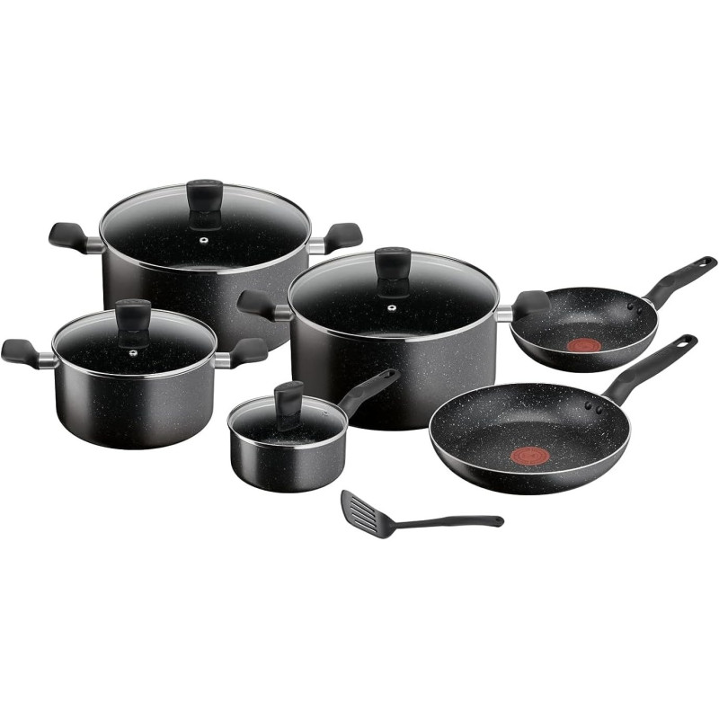 Tefal Cookware Set Dark Stone 11 Pc Cooking Set Non-Stick Stewpots 22/24/28 CM, Saucepan 16 CM, Frypans 20/28 CM, Slotted Spatula With Thermo Signal, Aluminium