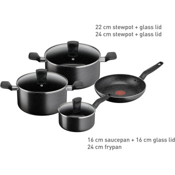 Tefal Cookware Set Dark Stone 7 Pc Cooking Set, Non-Stick Stewpots 22/24 CM and Lids Saucepan 16 CM Frypan 24 CM, Aluminium