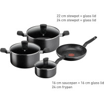 Tefal Cookware Set Dark Stone 7 Pc Cooking Set, Non-Stick Stewpots 22/24 CM and Lids Saucepan 16 CM Frypan 24 CM, Aluminium