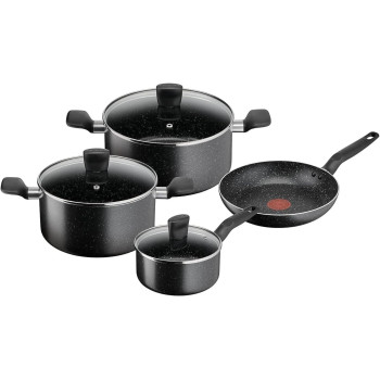 Tefal Cookware Set Dark Stone 7 Pc Cooking Set, Non-Stick Stewpots 22/24 CM and Lids Saucepan 16 CM Frypan 24 CM, Aluminium