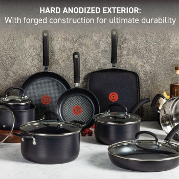 Tefal Ultimate Hard Anodized Nonstick Cookware Set 12 Piece, Oven Broiler Safe 400F, Lid Safe 350F, Kitchen Cooking Set W/Fry Pans, Saucepans, Dutch Oven, Pots And Pans, Dishwasher Safe, Black