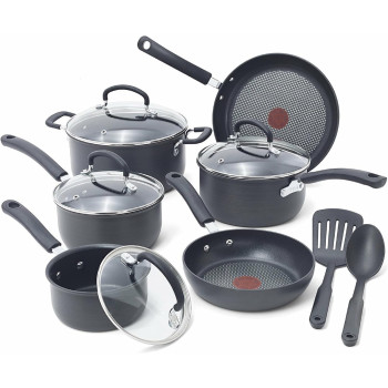 Tefal Ultimate Hard Anodized Nonstick Cookware Set 12 Piece, Oven Broiler Safe 400F, Lid Safe 350F, Kitchen Cooking Set W/Fry Pans, Saucepans, Dutch Oven, Pots And Pans, Dishwasher Safe, Black