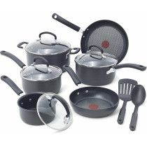 Tefal Ultimate Hard Anodized Nonstick Cookware Set 12 Piece, Oven Broiler Safe 400F, Lid Safe 350F, Kitchen Cooking Set W/Fry Pans, Saucepans, Dutch Oven, Pots And Pans, Dishwasher Safe, Black