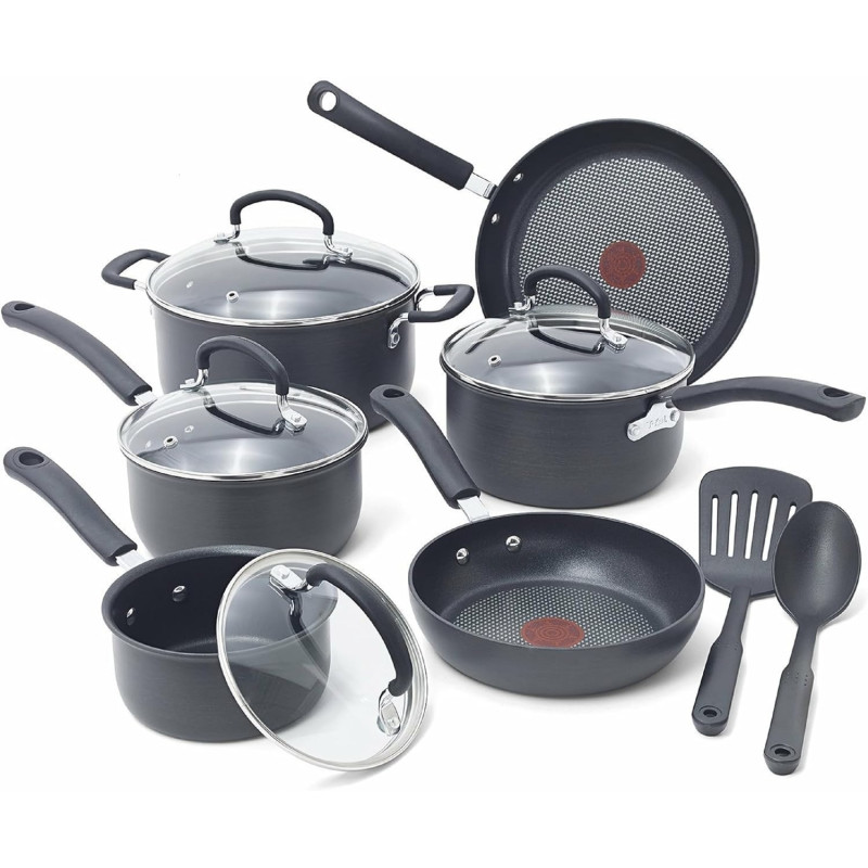 Tefal Ultimate Hard Anodized Nonstick Cookware Set 12 Piece, Oven Broiler Safe 400F, Lid Safe 350F, Kitchen Cooking Set W/Fry Pans, Saucepans, Dutch Oven, Pots And Pans, Dishwasher Safe, Black