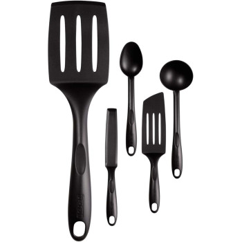Tefal Bienvenue Set Of 5 Heat Resistant Kitchen Tools Ladle, Angle Spatula, Long Pancake Large Spoon, Plastic, Black