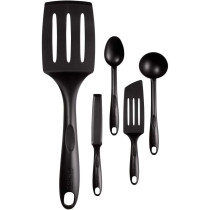 Tefal Bienvenue Set Of 5 Heat Resistant Kitchen Tools Ladle, Angle Spatula, Long Pancake Large Spoon, Plastic, Black