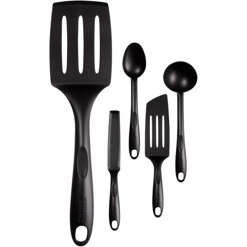 Tefal Bienvenue Set Of 5 Heat Resistant Kitchen Tools Ladle, Angle Spatula, Long Pancake Large Spoon, Plastic, Black