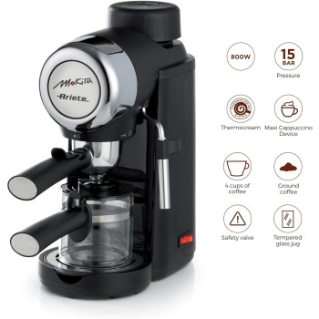 Ariete Mokita Moka Coffee Machine With Tempered Glass Jug, Auto Shut-Off And Safety Valve, 4 Cups Cappuccino Maker, 15 Bar, Perfect For Home And Office