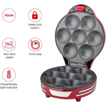 Ariete Electric Muffin And Cupcake Maker With Non-Stick Plate, 7 Moulds, 700W, Safety Lock System, Compact And Easy To Clean, Red Art188