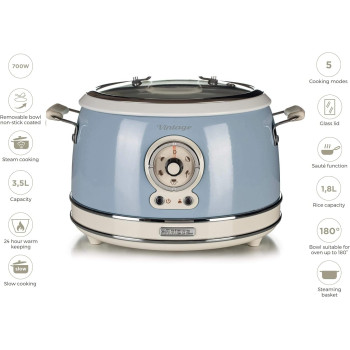 Ariete Vintage Electric Rice Cooker 3.8 Litre, 5 Modes For Rice, Saute, Steam, Heating, Slow Cooker, 700W, Removable Non Stick Ceramic Bowl, Glass Lid, For Sushi, Stew, Omelet, Blue