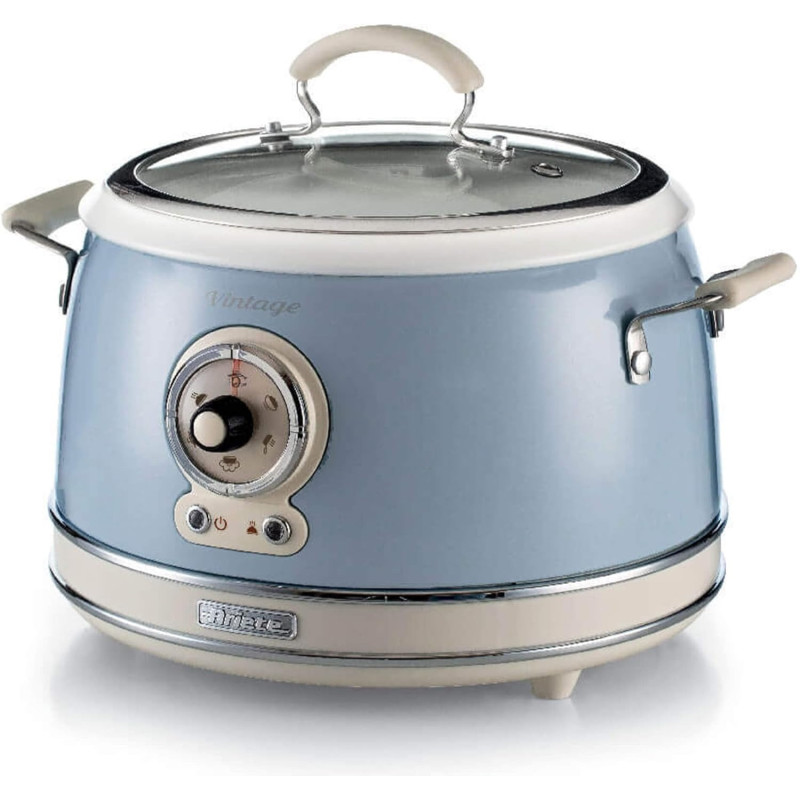 Ariete Vintage Electric Rice Cooker 3.8 Litre, 5 Modes For Rice, Saute, Steam, Heating, Slow Cooker, 700W, Removable Non Stick Ceramic Bowl, Glass Lid, For Sushi, Stew, Omelet, Blue