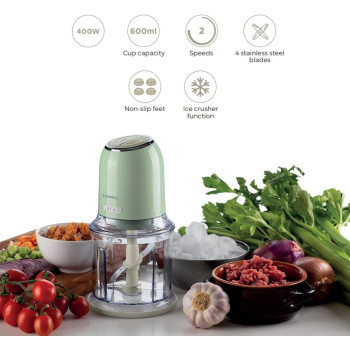 Ariete Vintage Electric Chopper, 600Ml, 2 Speed Settings, 400W, Non Slip Feet, 4 Stainless Steel Blades For Crushing Ice And Chopping Meat, Vegetables, Biscuits, Dried Fruit, Chocolate