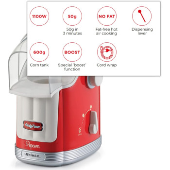 Ariete Vintage Electric Hot Air Pop Corn Maker With Dispensing Lever, 50G In 3Min, Oil-Free Popcorn Popper Machine, 1100W, Perfect For Home, Movie Night And Snacks, Red