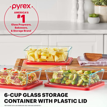 Pyrex Simply Store Glass Food Storage Container, Snug Fit Non-Toxic Plastic BPA Free Lids, Freezer Dishwasher Microwave Safe, 6 Cup
