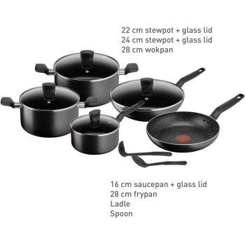 Tefal Cookware Set Dark Stone 11 Pcs Cooking Set Non-Stick Stewpots 22/24 CM and Lids Saucepan 18 CM Frypan 28 CM, Aluminium