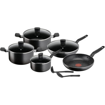 Tefal Cookware Set Dark Stone 11 Pcs Cooking Set Non-Stick Stewpots 22/24 CM and Lids Saucepan 18 CM Frypan 28 CM, Aluminium