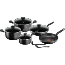 Tefal Cookware Set Dark Stone 11 Pcs Cooking Set Non-Stick Stewpots 22/24 CM and Lids Saucepan 18 CM Frypan 28 CM, Aluminium